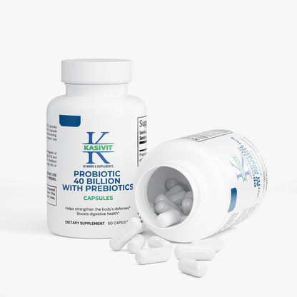 Kasivit high potency probiotic with prebiotics dietary supplement capsules bottle and spilled white capsules