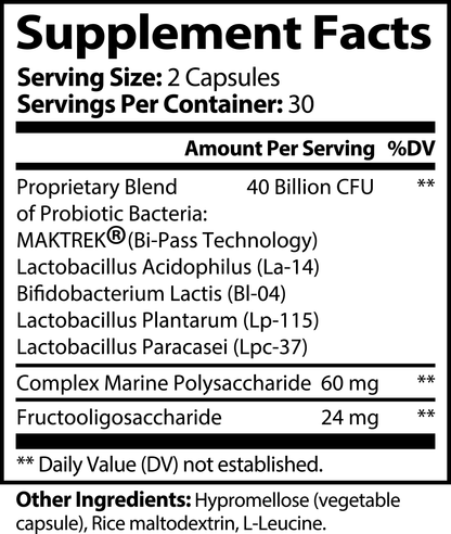 Kasivit high potency probiotic with prebiotics supplement facts label showing 40 billion CFU and key ingredients