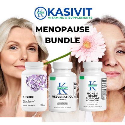 Kasivit menopause supplements bundle featuring Meta-Balance, Resveratrol, and Bone Heart Support bottles