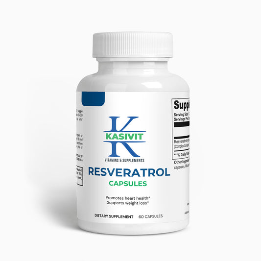 Kasivit resveratrol 600mg supplement bottle with 60 capsules for heart health and weight loss