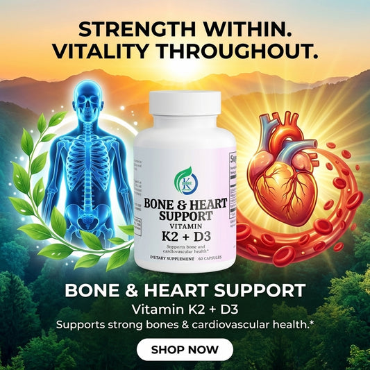 Kasivit Bone & Heart Support Vitamin K2 + D3 Supplements in white bottle for cardiovascular health