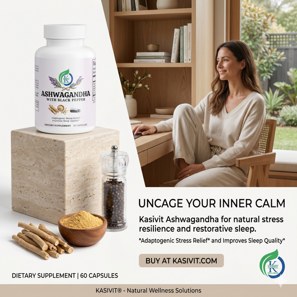 Kasivit Ashwagandha Capsules with Black Pepper for stress relief in white and brown packaging