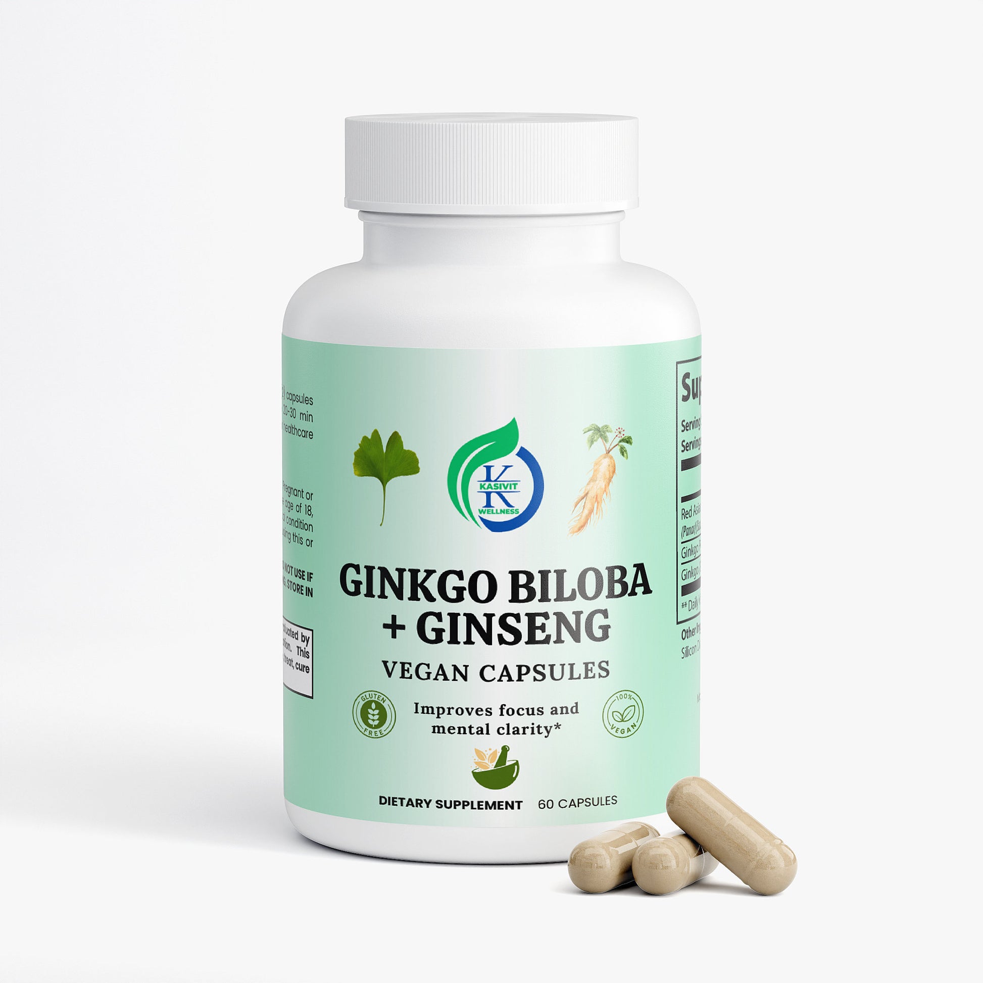 Kasivit Ginkgo Biloba and Ginseng supplement vegan capsules bottle with natural ingredients