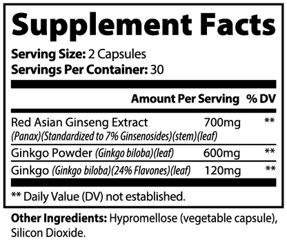 Kasivit Specialty Supplements Ginkgo Biloba and Ginseng supplement supplement facts label showing dosage and ingredients