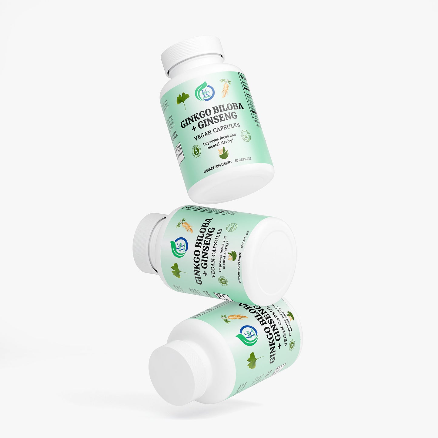 Kasivit Ginkgo Biloba and Ginseng supplement vegan capsules bottles with natural herbs on label