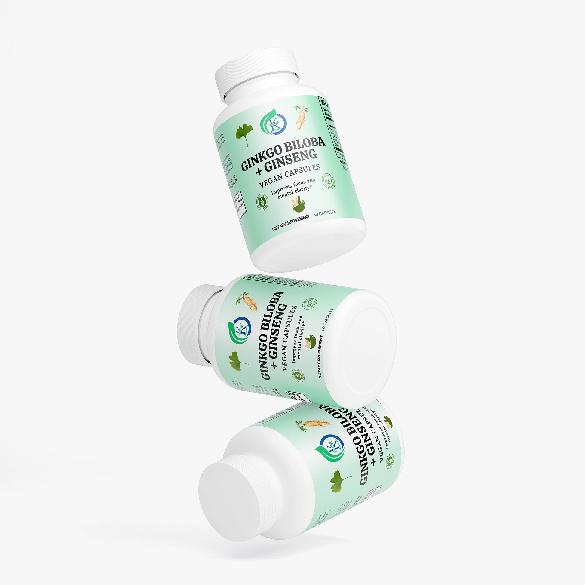 Kasivit Ginkgo Biloba and Ginseng supplement vegan capsules bottles with natural herbs on label
