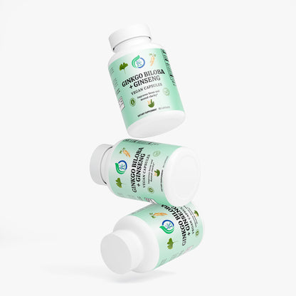Kasivit Ginkgo Biloba and Ginseng supplement vegan capsules bottles with natural herbs on label