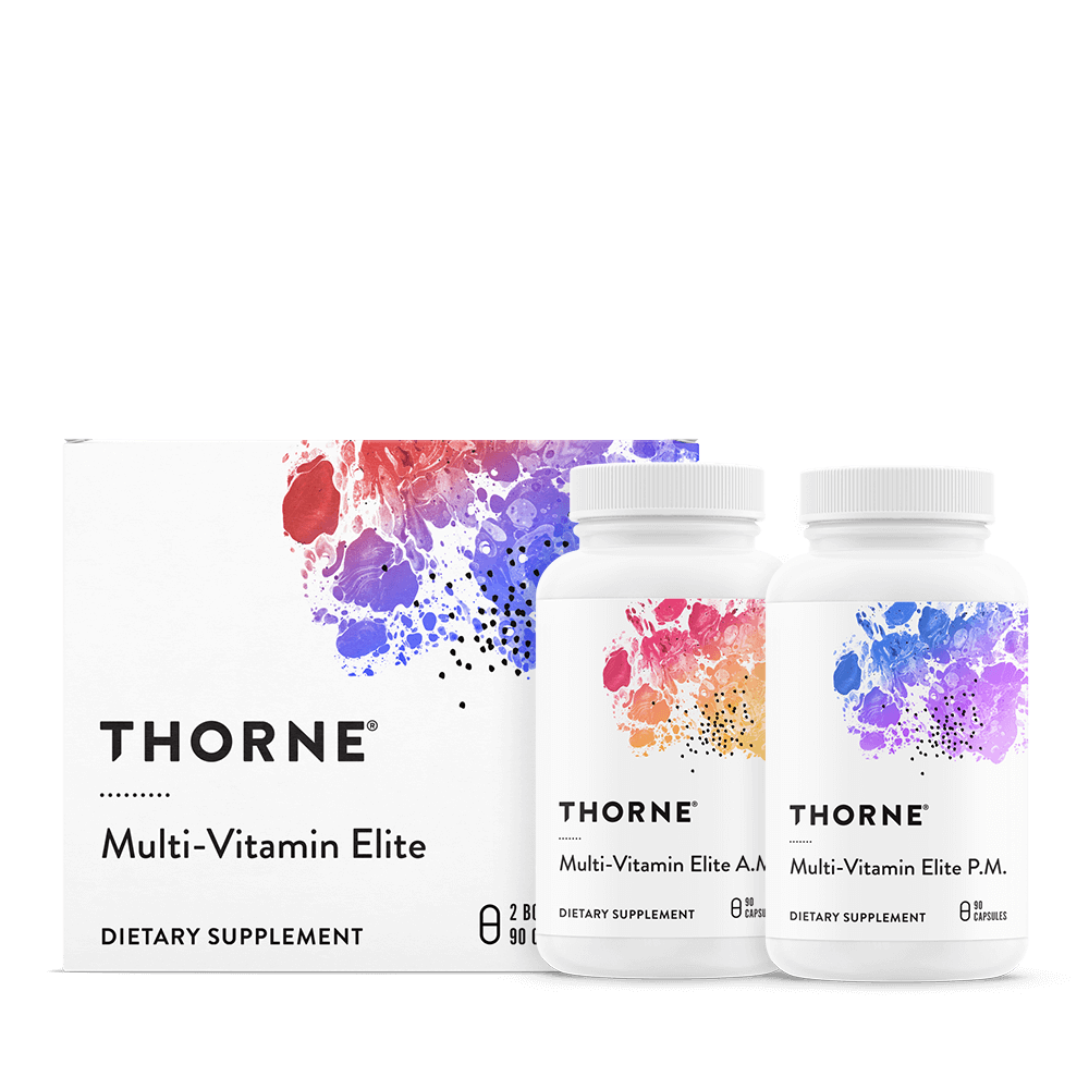 Thorne Multi-vitamin Elite supplement with daytime and nighttime capsules for daily nutrition
