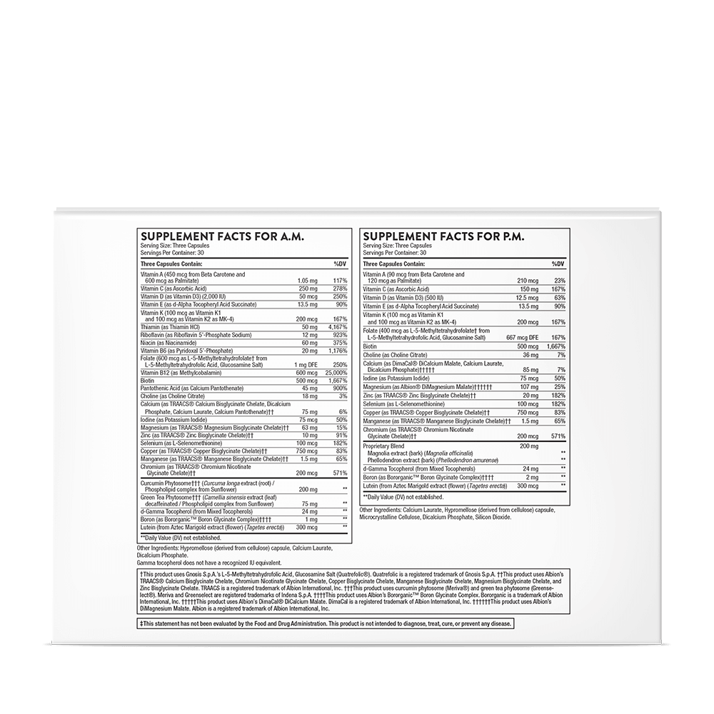 Thorne Multi-vitamin Elite supplement detailed supplement facts label for AM and PM servings