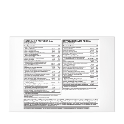Thorne Multi-vitamin Elite supplement detailed supplement facts label for AM and PM servings