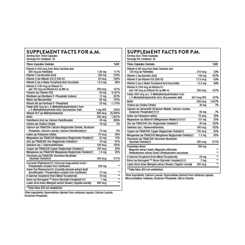 Thorne Multi-vitamin Elite supplement capsule label showing detailed A.M. and P.M. nutritional facts and ingredients